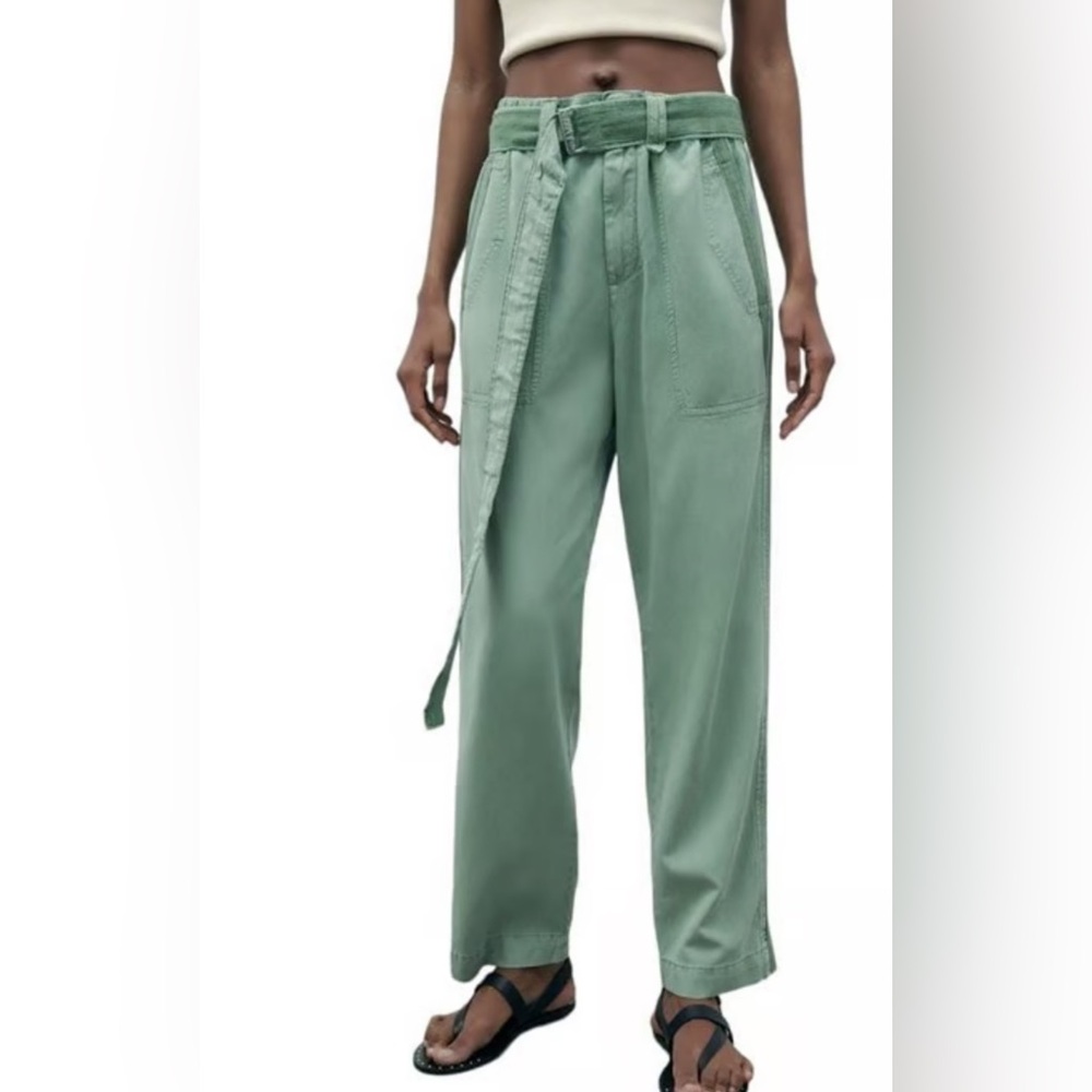 🔥new inventory🔥NWT- ZARA CONTRASTING TROUSERS WITH BELT GREEN SIZE S